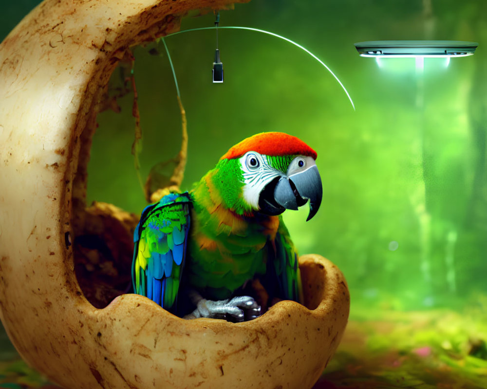 Vibrant parrot in cracked nut shell with fishing rod and fish on emerald background