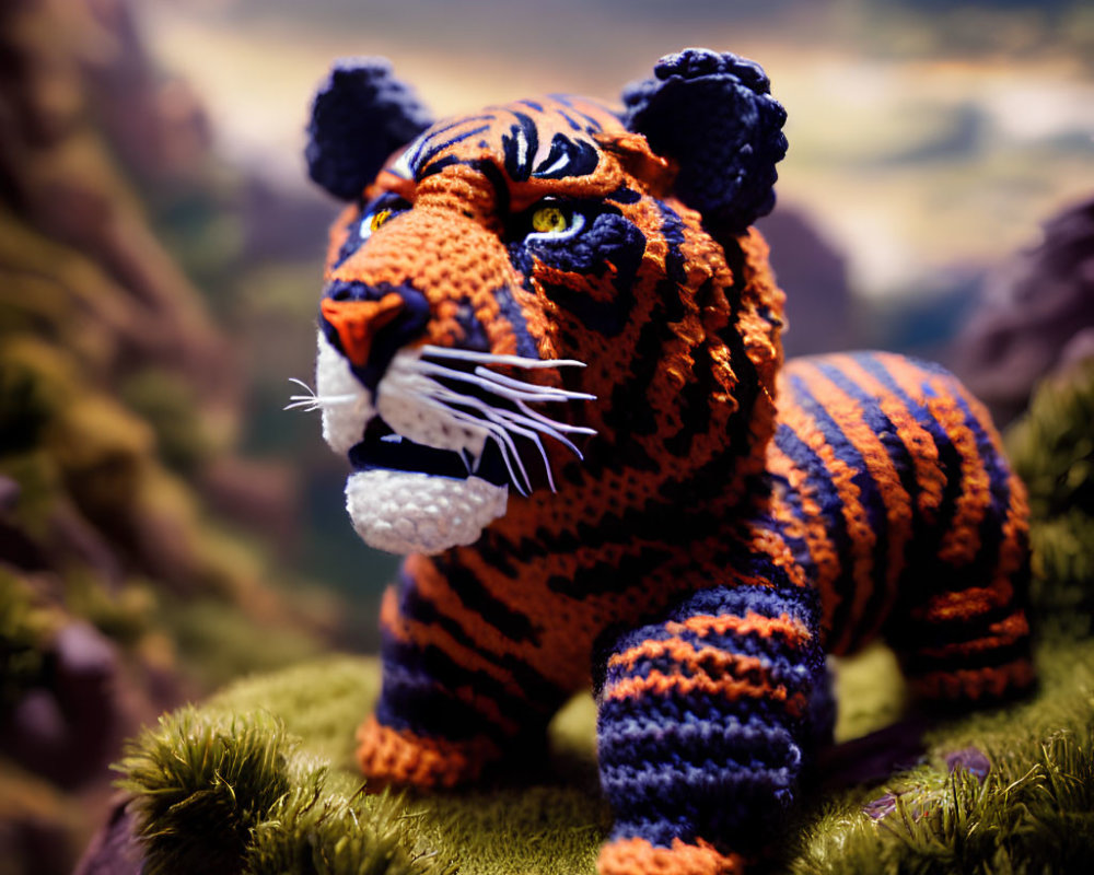 Crocheted tiger model with intricate patterns in natural habitat setting