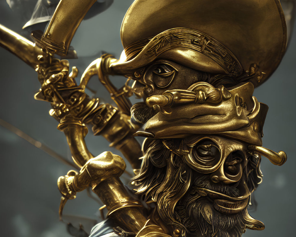 Detailed 3D Illustration: Golden Pirate Figure with Tricorn Hat, Telescope, Ornate Beard