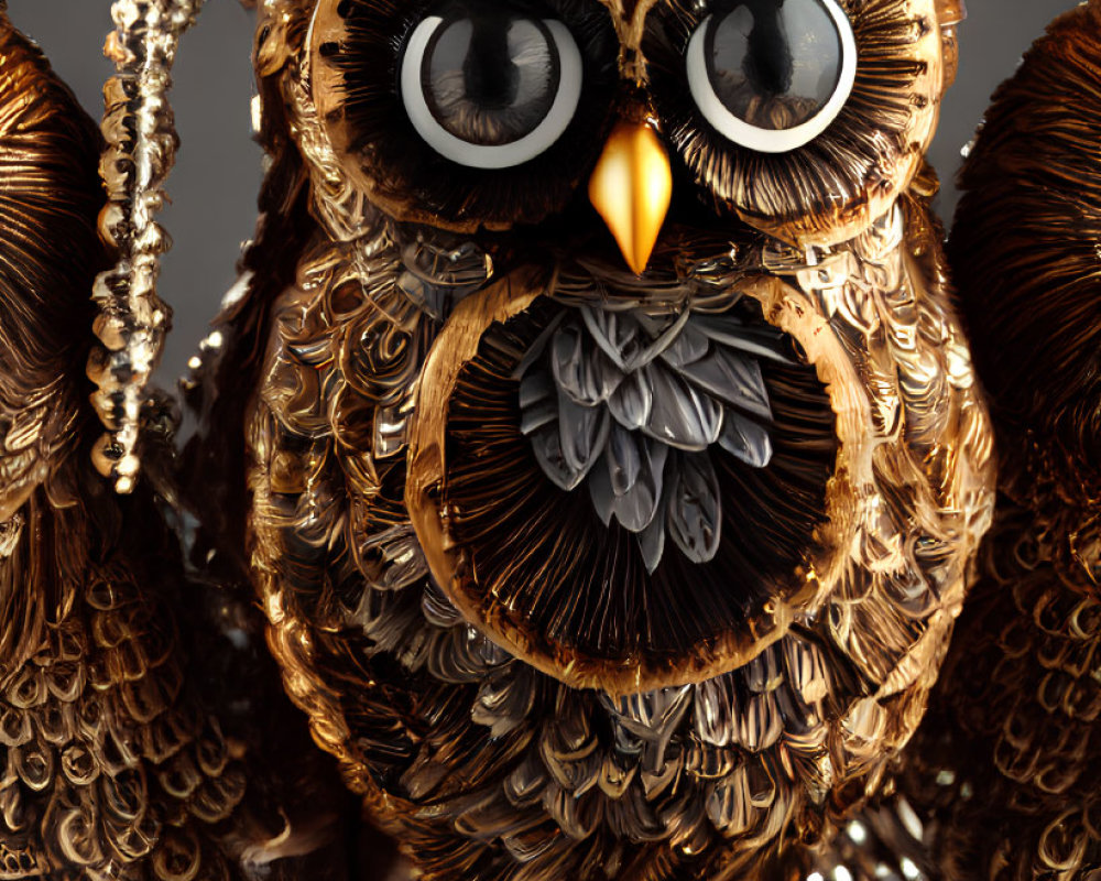 Intricately crafted metal owl with detailed feathers and gemstone base