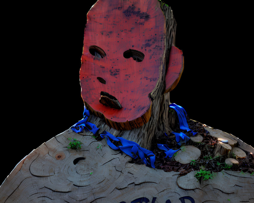 Wooden Face Sculpture with Red Paint, Inscribed Text, Blue Fabric, and Mushrooms