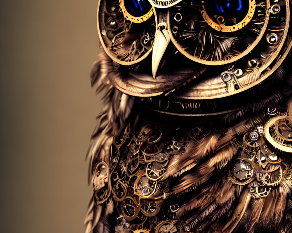 Detailed mechanical owl artwork with clockwork eyes and feathers on warm background