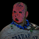 Wooden Face Sculpture with Red Paint, Inscribed Text, Blue Fabric, and Mushrooms