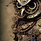 Detailed mechanical owl artwork with clockwork eyes and feathers on warm background