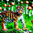 Colorful mechanized tiger model among red and white mushrooms on green background