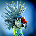 Colorful Mechanical Bird Sculpture with Prominent Beak and Glassy Eye
