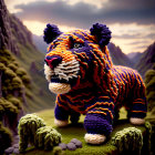 Crocheted tiger model with intricate patterns in natural habitat setting