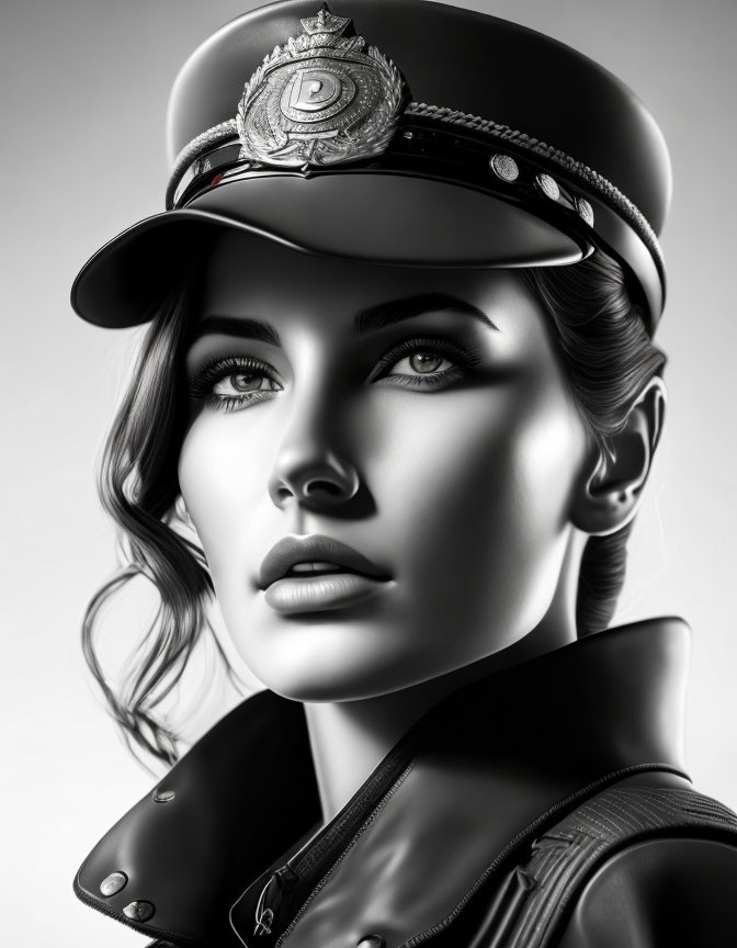 Monochrome portrait of woman in police cap, side glance, neutral backdrop