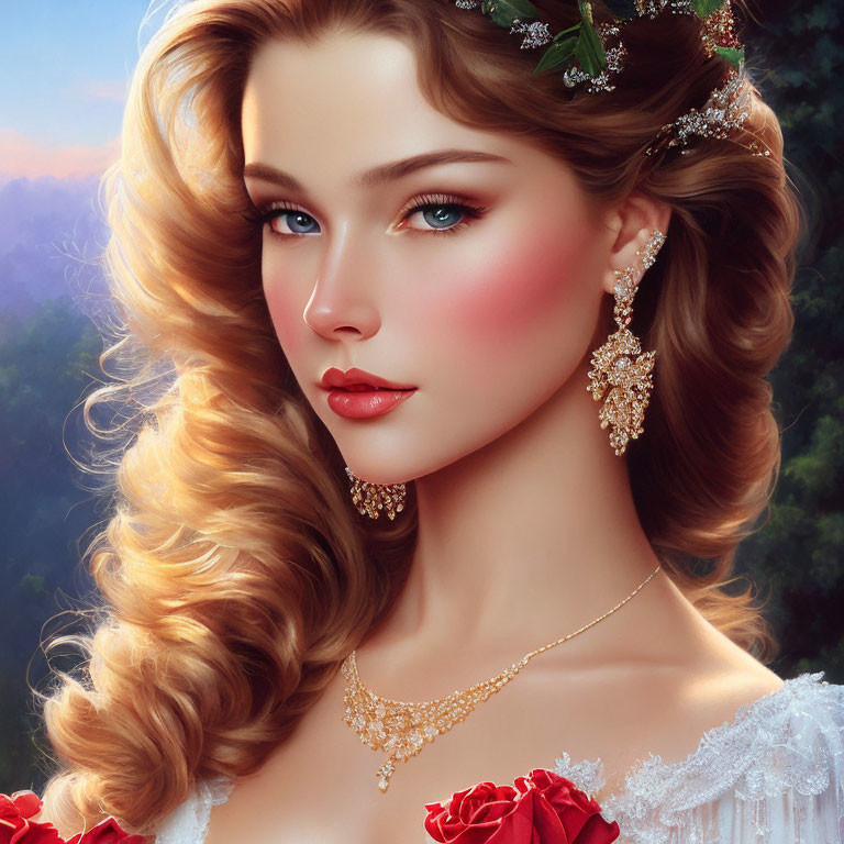 Portrait of a woman with wavy hair, green eyes, roses, gold jewelry, and nature backdrop