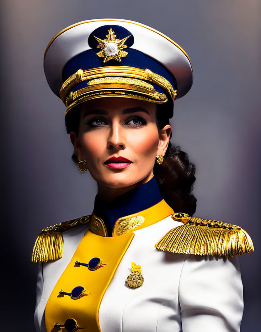 Ceremonial military uniform portrait of woman with cap and medals