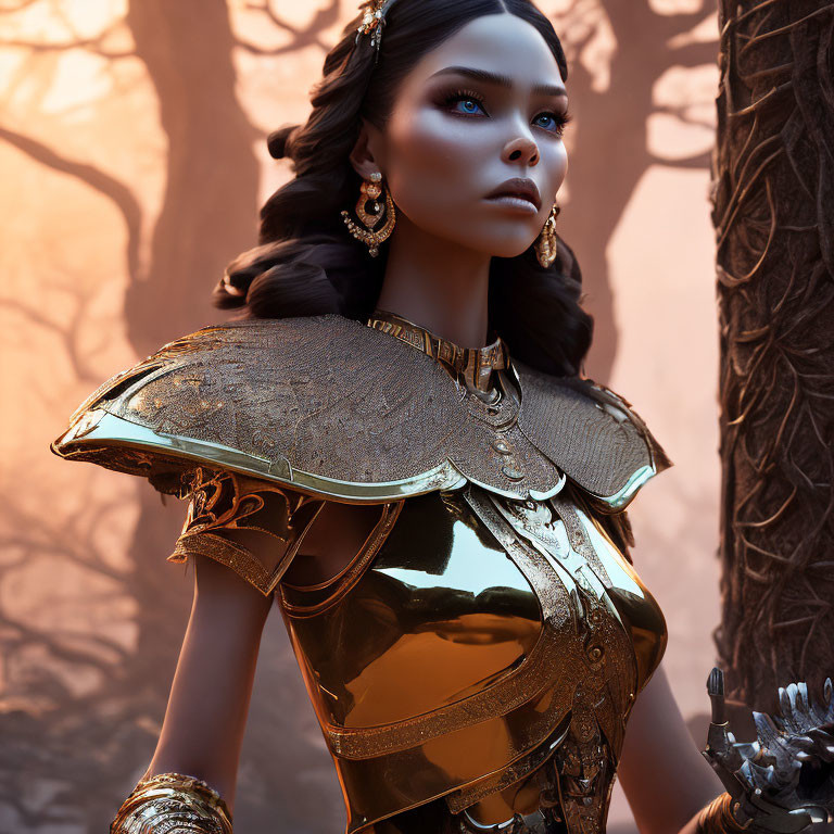 Woman in ornate golden armor in dusky forest with intense gaze
