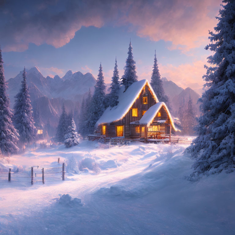 Snowy landscape with cozy lit cabin and mountains at twilight