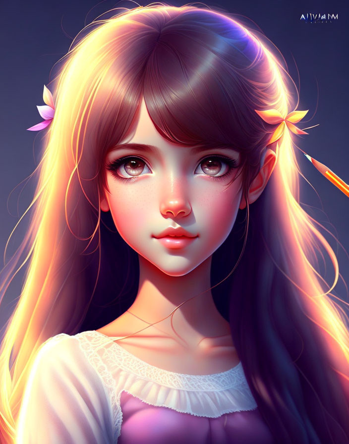 Digital artwork: Girl with large eyes, long brown hair, and flowers, in warm light