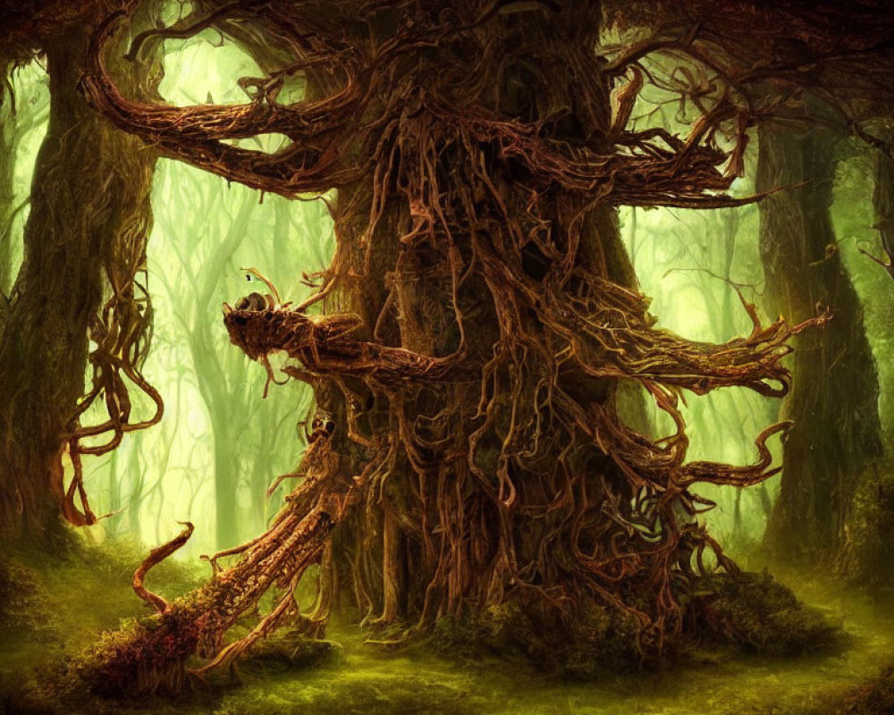 Ancient gnarled tree with intricate roots in mystical green forest