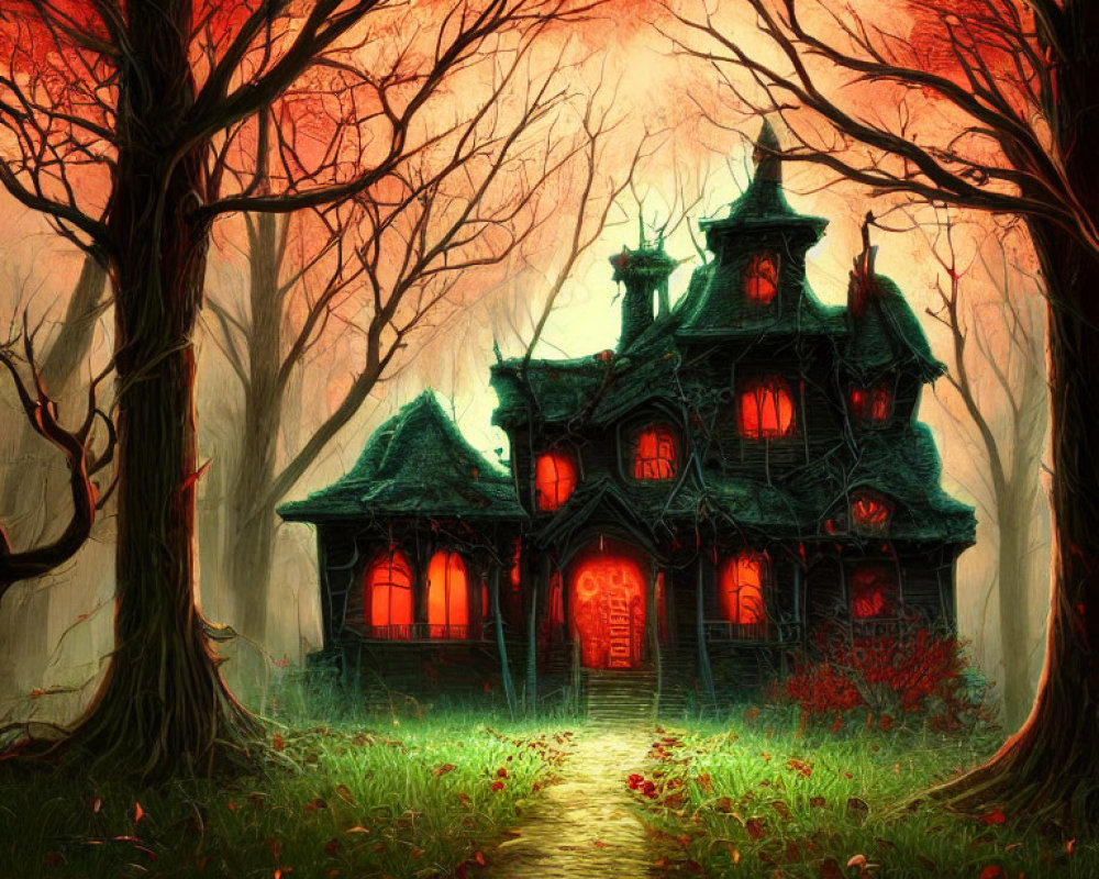 Eerie Green-Lit Victorian Mansion in Misty Red Sky