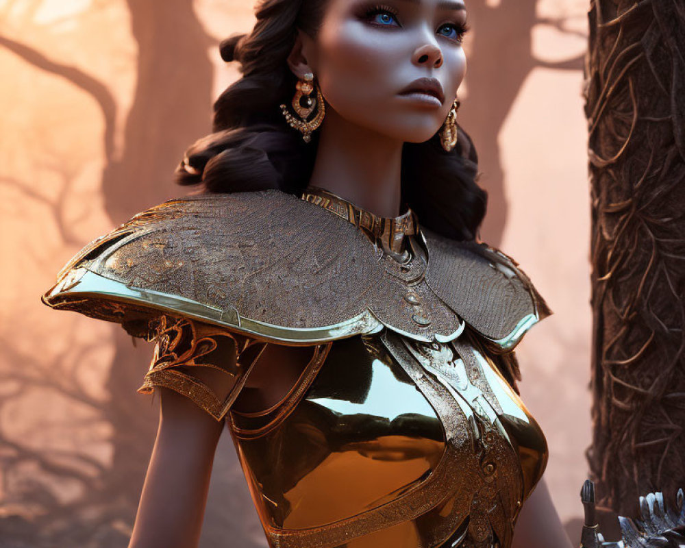 Woman in ornate golden armor in dusky forest with intense gaze