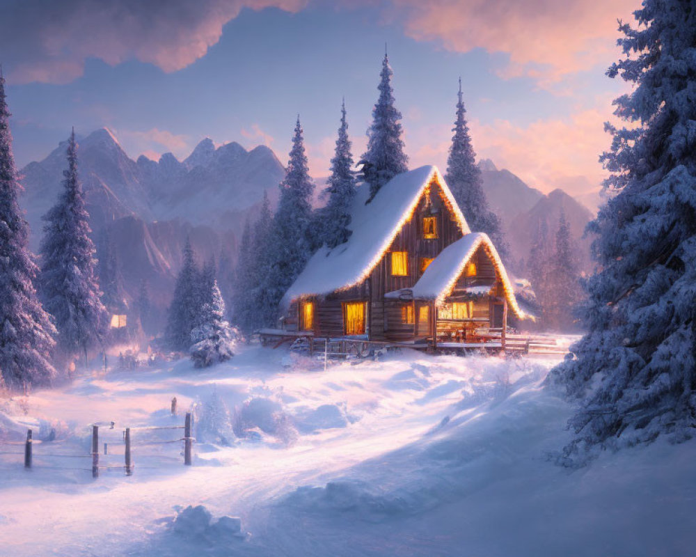 Snowy landscape with cozy lit cabin and mountains at twilight