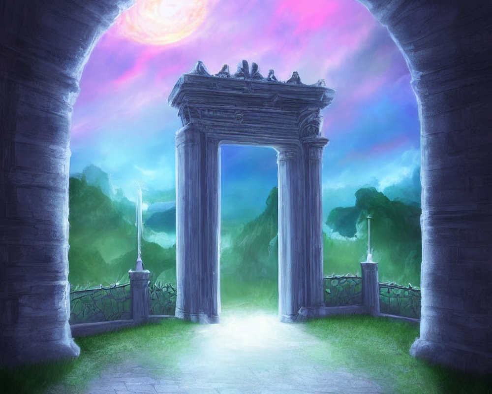 Mystical Stone Arch Gateway Beneath Luminous Sky and Vibrant Landscape