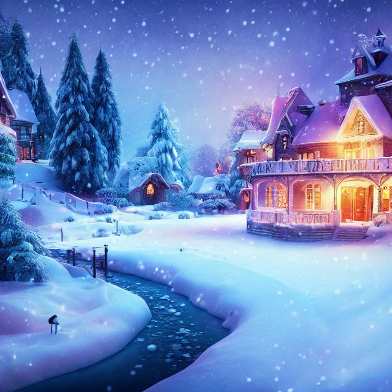 Snow-covered winter landscape with cozy house, river, and falling snowflakes