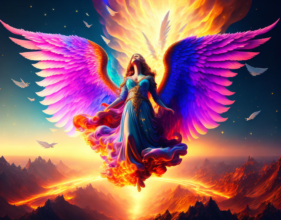 Winged woman in blue dress flying over fiery mountains with blazing wings.