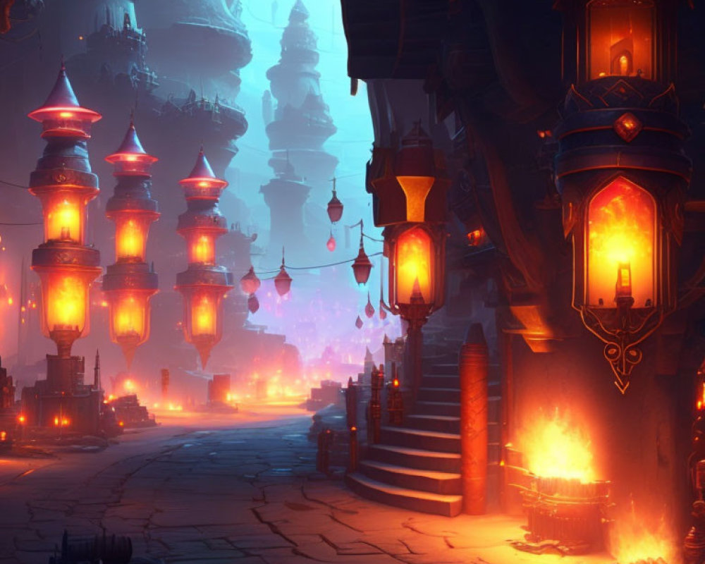 Fantastical cityscape at dusk with illuminated lanterns and towering spires