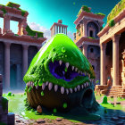 Fantastical landscape with green monster, ruins, and small figure