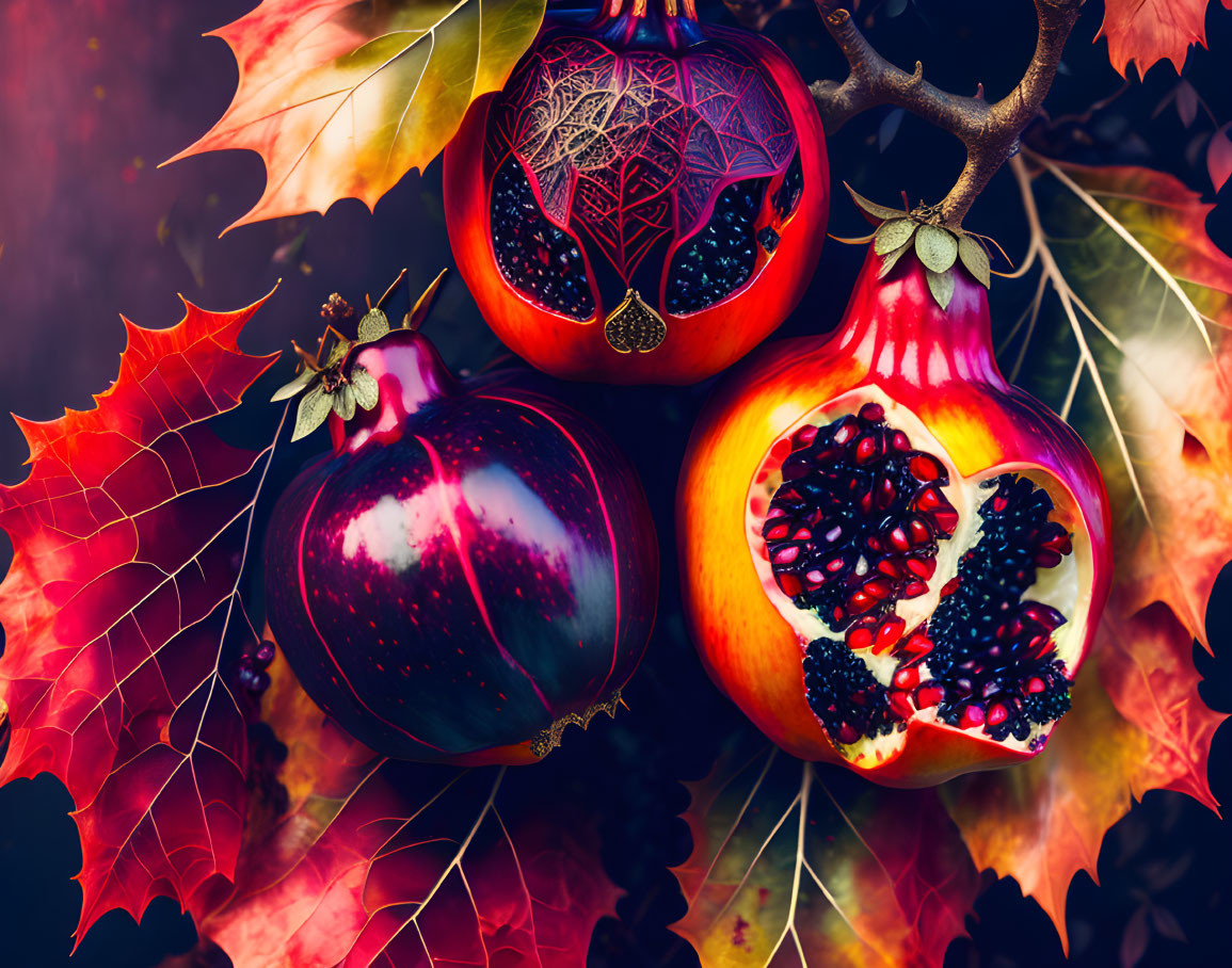 Colorful Pomegranates with Autumn Leaves and Spider Web Design