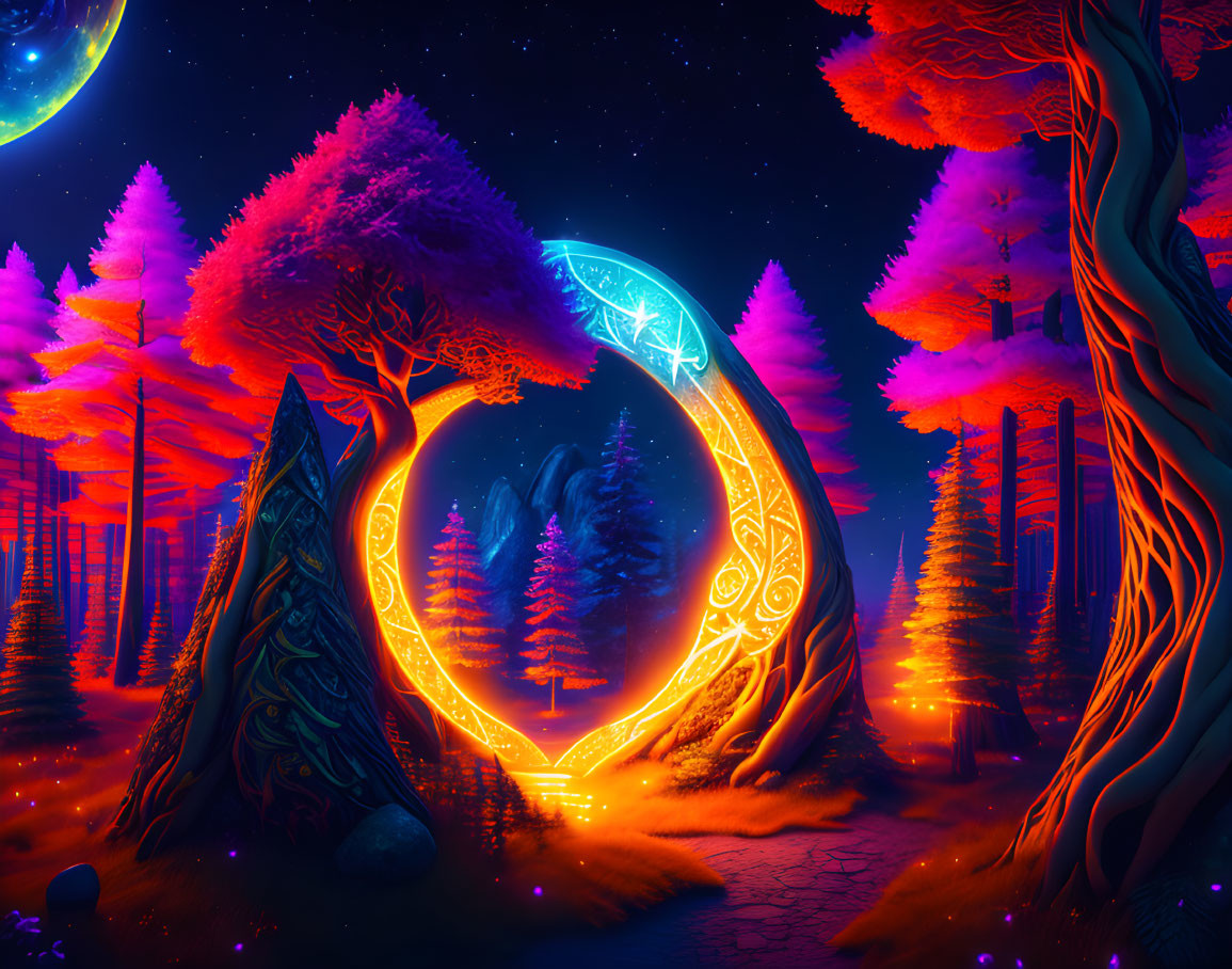 Fantasy landscape at night with glowing crescent gate and mystical symbols under starry sky.