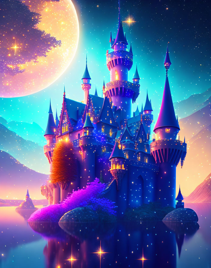 Fantastical castle with spires under starry night sky