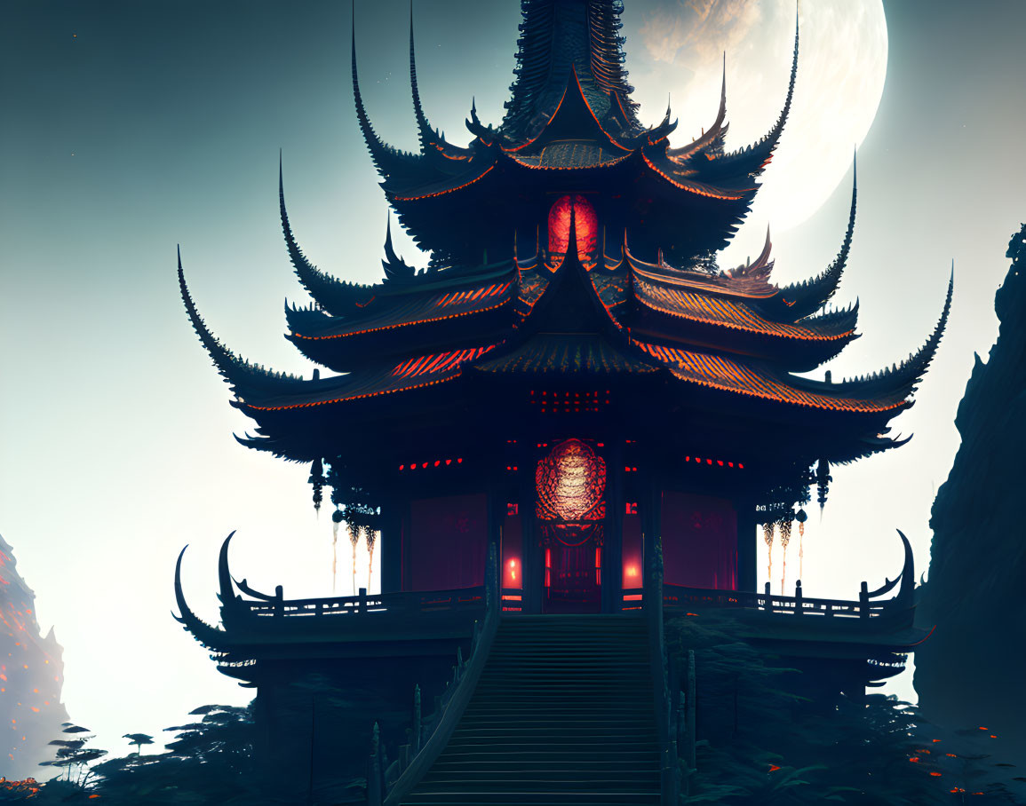 Mystical pagoda with multiple eaves under large moon and red lights in misty landscape