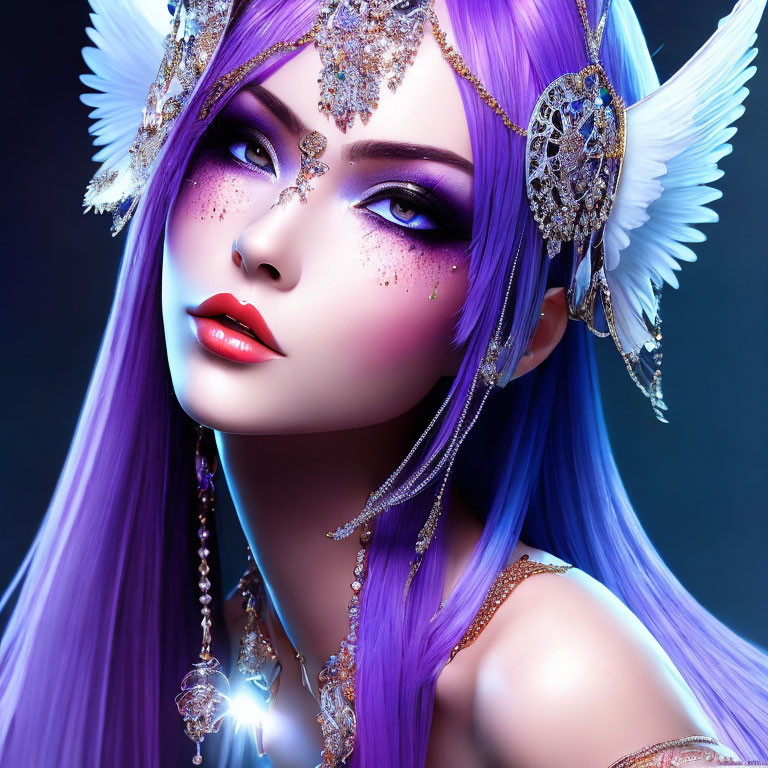 Fantasy illustration of woman with purple hair and elf ears in ornate golden headdress.