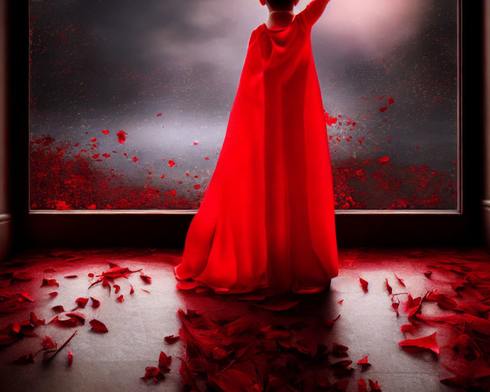 Person in flowing red gown by misted window with scattered red petals