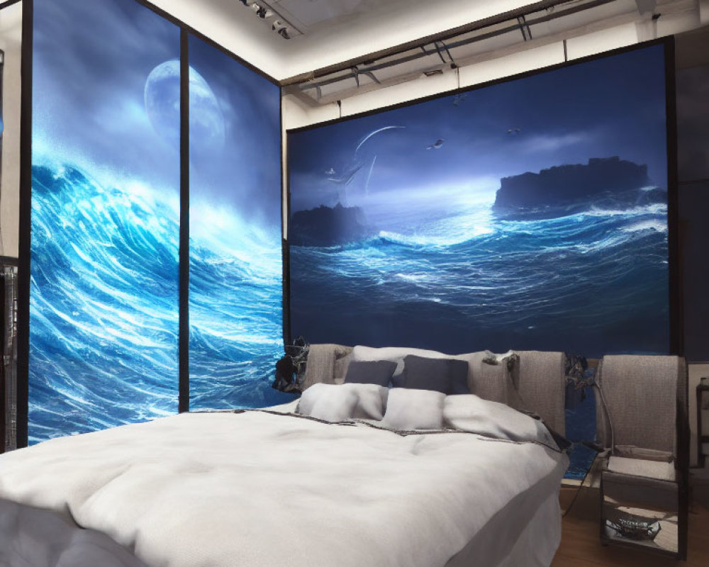 Modern Bedroom with Large Ocean-Themed Mural and White Bed