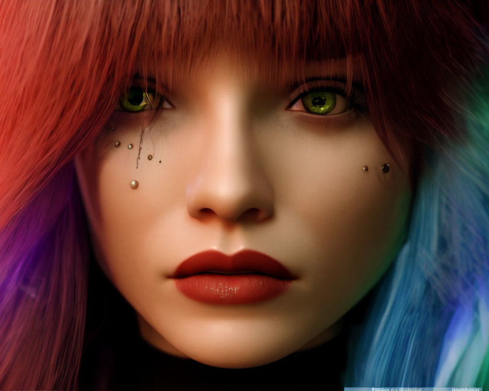 Vibrant rainbow-colored hair and green eyes with gemstone piercings