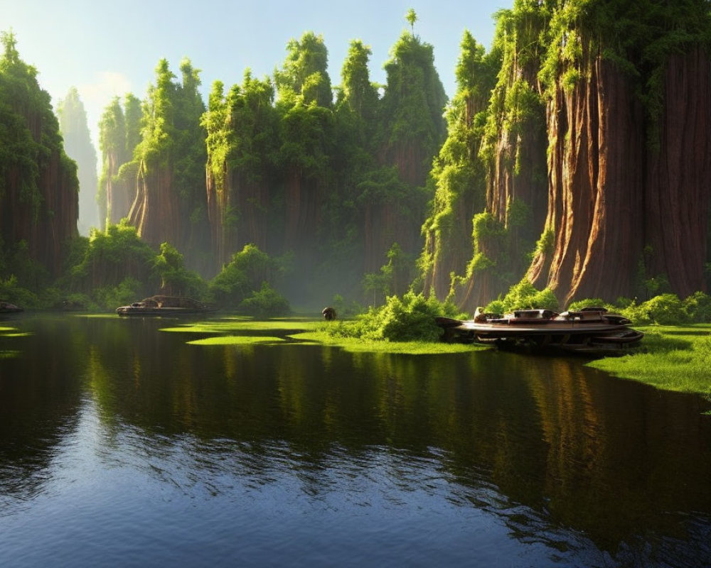 Ancient trees and serene river with boat under sunlight
