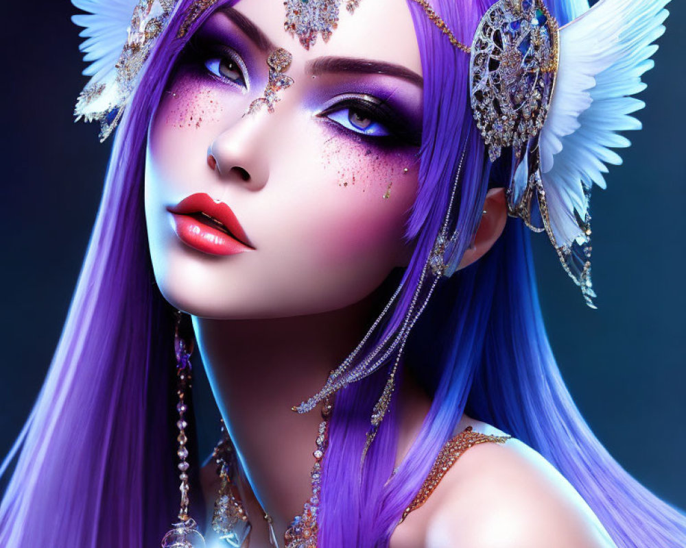 Fantasy illustration of woman with purple hair and elf ears in ornate golden headdress.
