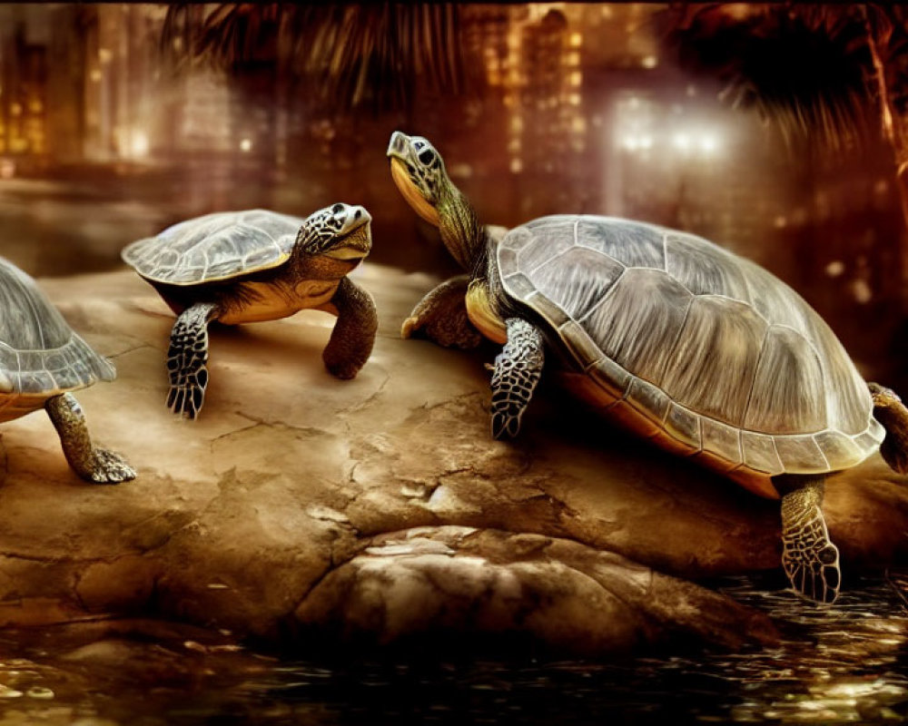 Two turtles on a rock by water with city lights backdrop