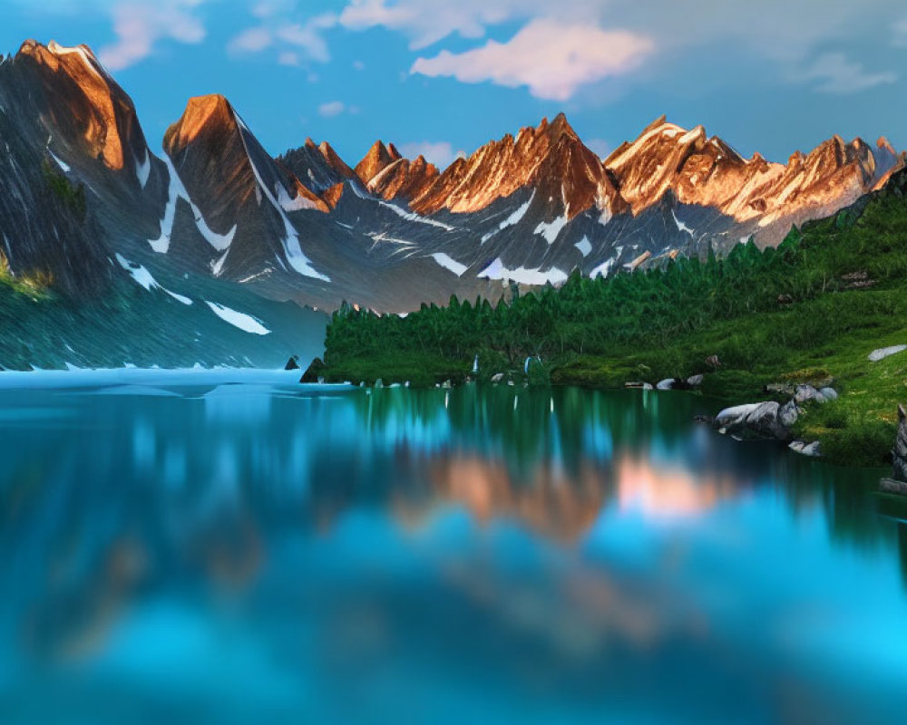 Snow-capped peaks and serene lake in mountain landscape at dawn or dusk
