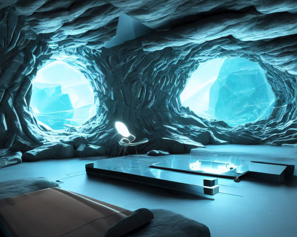 Futuristic cave-like room with glowing crystals and modern furniture