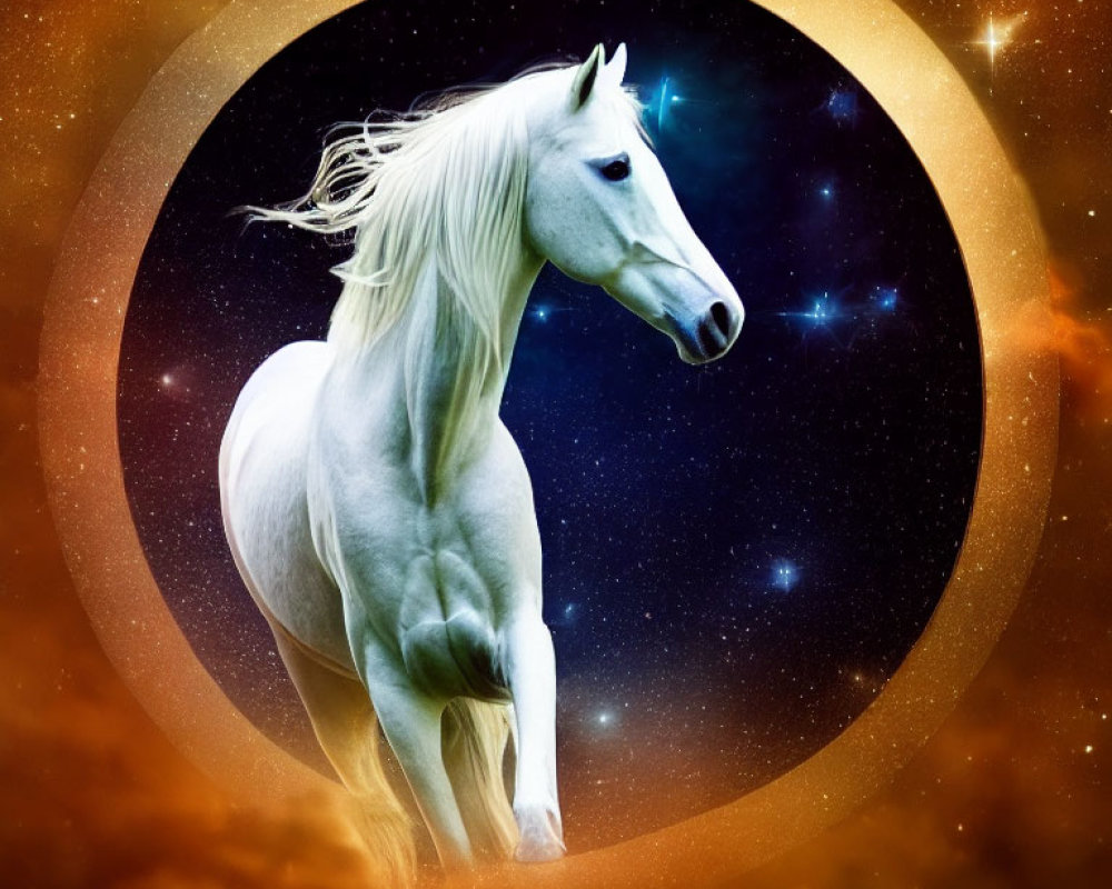 Majestic white horse with flowing mane against cosmic backdrop and golden ring