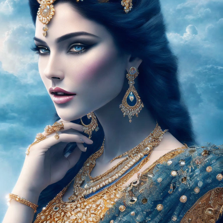 Woman in traditional Indian attire with striking blue eyes and dark hair against blue sky
