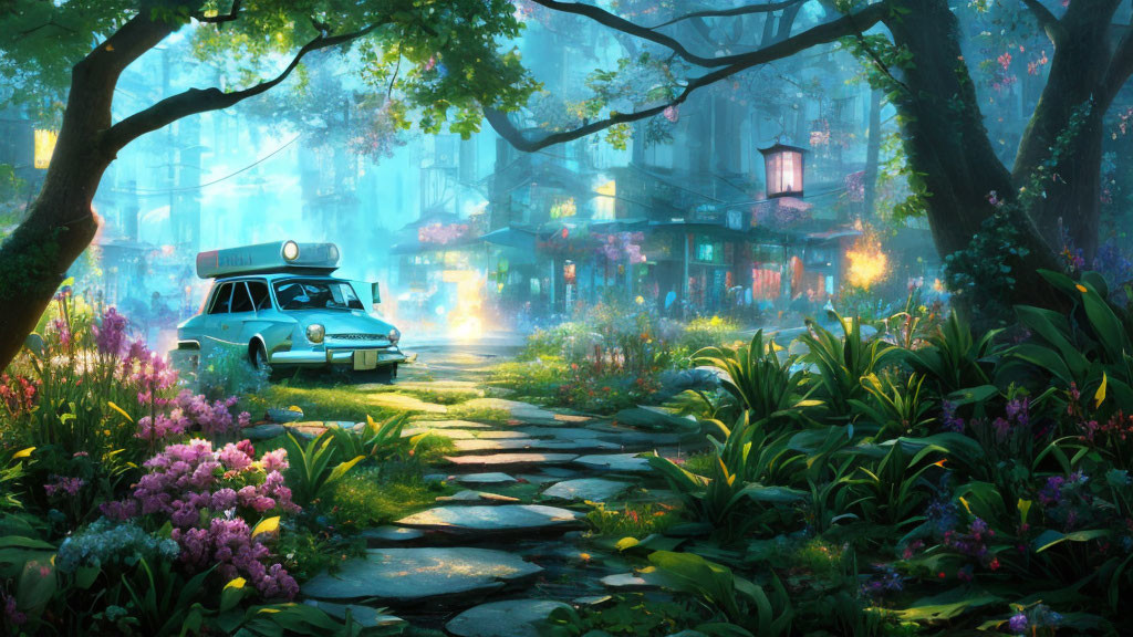Enchanting forest scene with cobblestone path and retro ambulance car