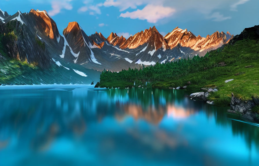 Snow-capped peaks and serene lake in mountain landscape at dawn or dusk
