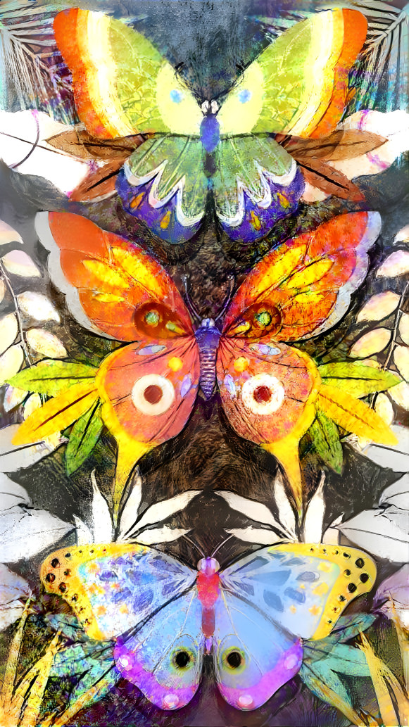 Trois papillons volant dans une forêt tropicale