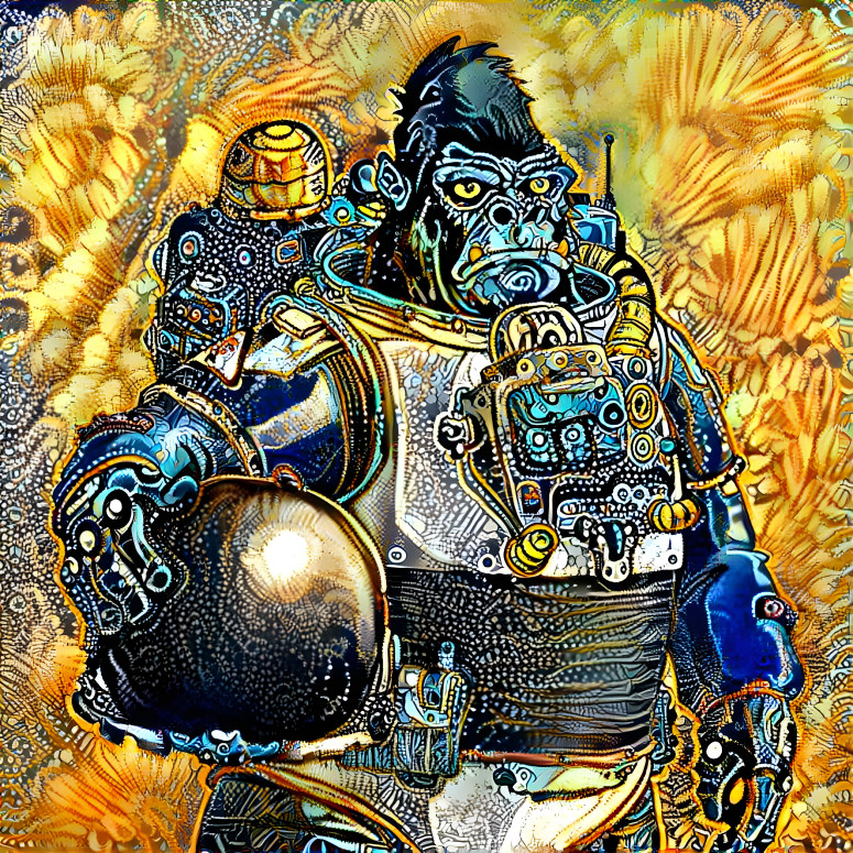 Gorille futuriste dans un costume en métal, tenant