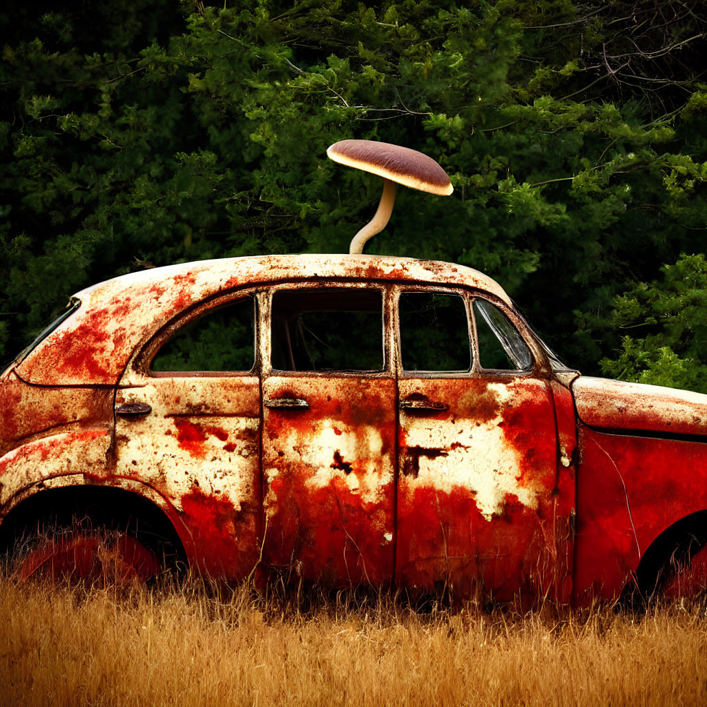 Rusty red car with large mushroom in overgrown grass by dense trees