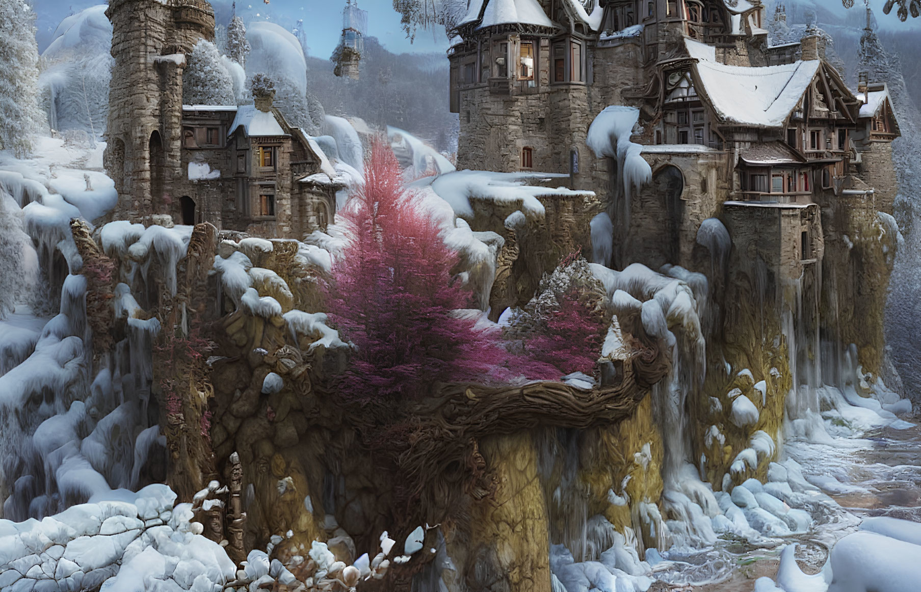 Medieval village on snowy cliff with vibrant pink tree