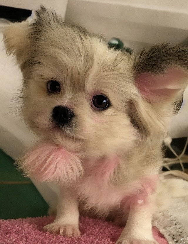 Fluffy small dog with cream and light brown coat and pink accents