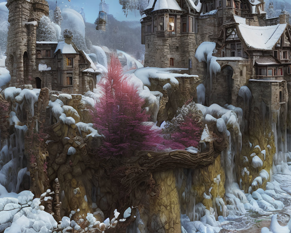 Medieval village on snowy cliff with vibrant pink tree