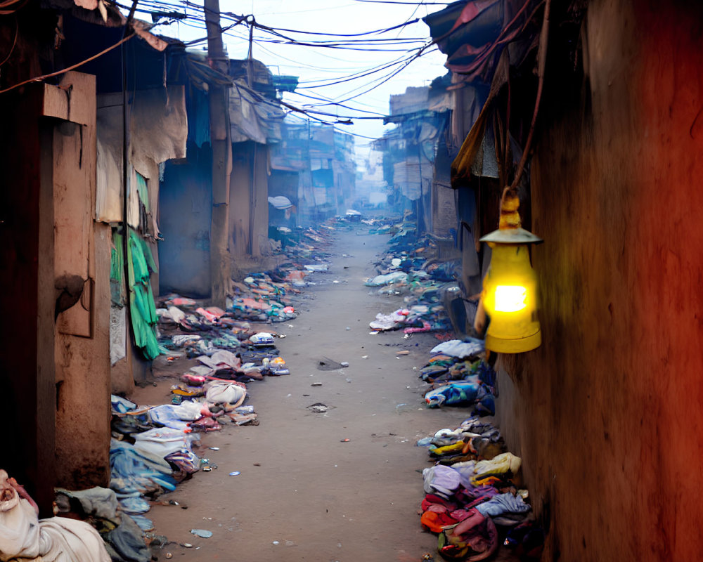 Cluttered garments in narrow slum alleyway with yellow lantern and overhead wires